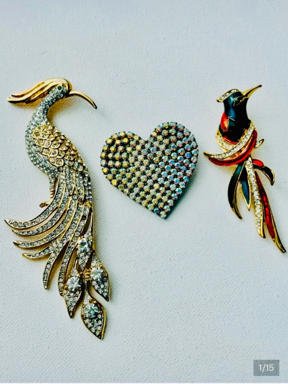 3 Vintage Sparkling Birds and Heart Rhinestone Enamel Brooch Set